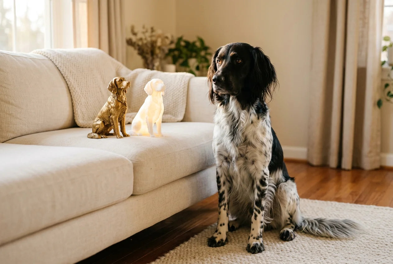 Large Munsterlander dog in a warm editorial interior with handcrafted sculpture and luminary