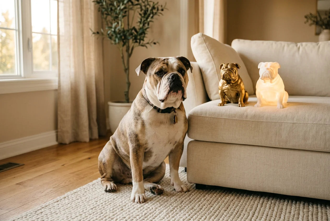 Leavitt Bulldog dog in a warm editorial interior with handcrafted sculpture and luminary