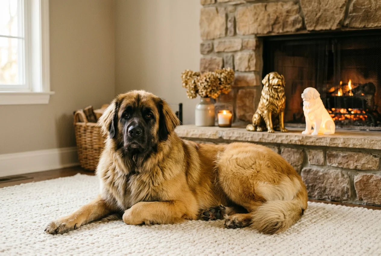 Leonberger dog in a warm editorial interior with handcrafted sculpture and luminary
