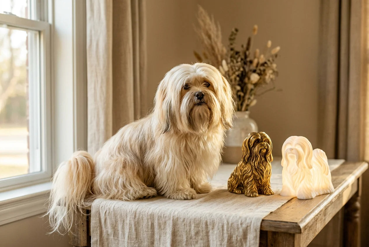 Lhasa Apso dog in a warm editorial interior with handcrafted sculpture and luminary