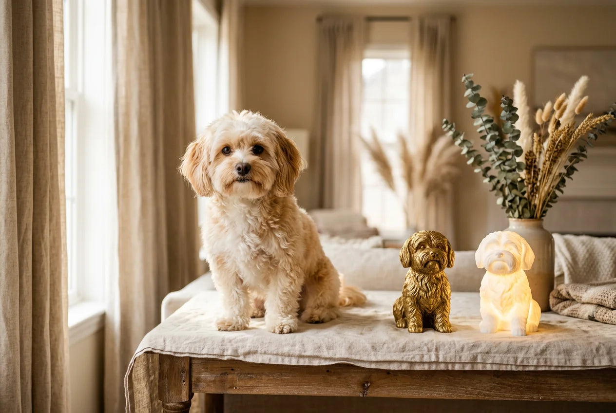 Lhasapoo dog in a warm editorial interior with handcrafted sculpture and luminary