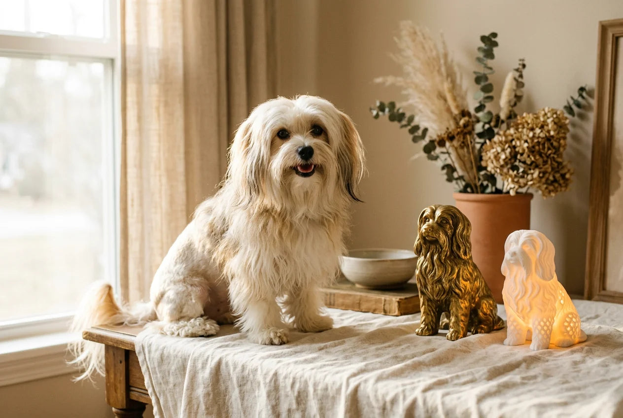 Löwchen dog in a warm editorial interior with handcrafted sculpture and luminary