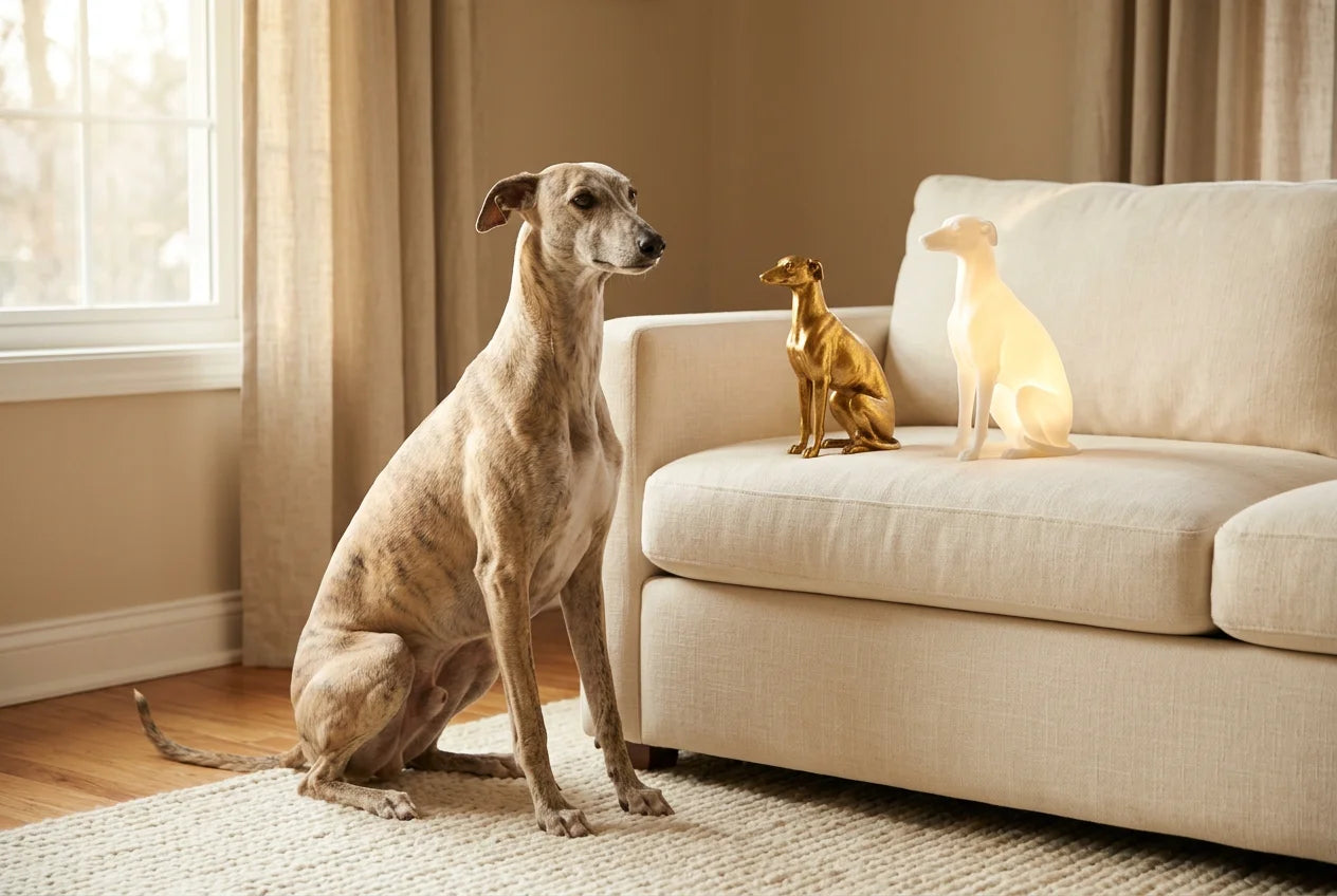 Magyar Agar dog in a warm editorial interior with handcrafted sculpture and luminary