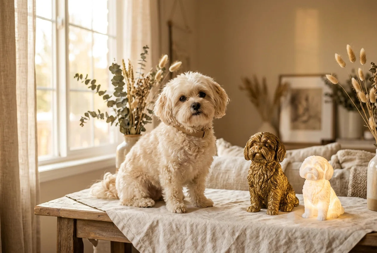 Malshi dog in a warm editorial interior with handcrafted sculpture and luminary