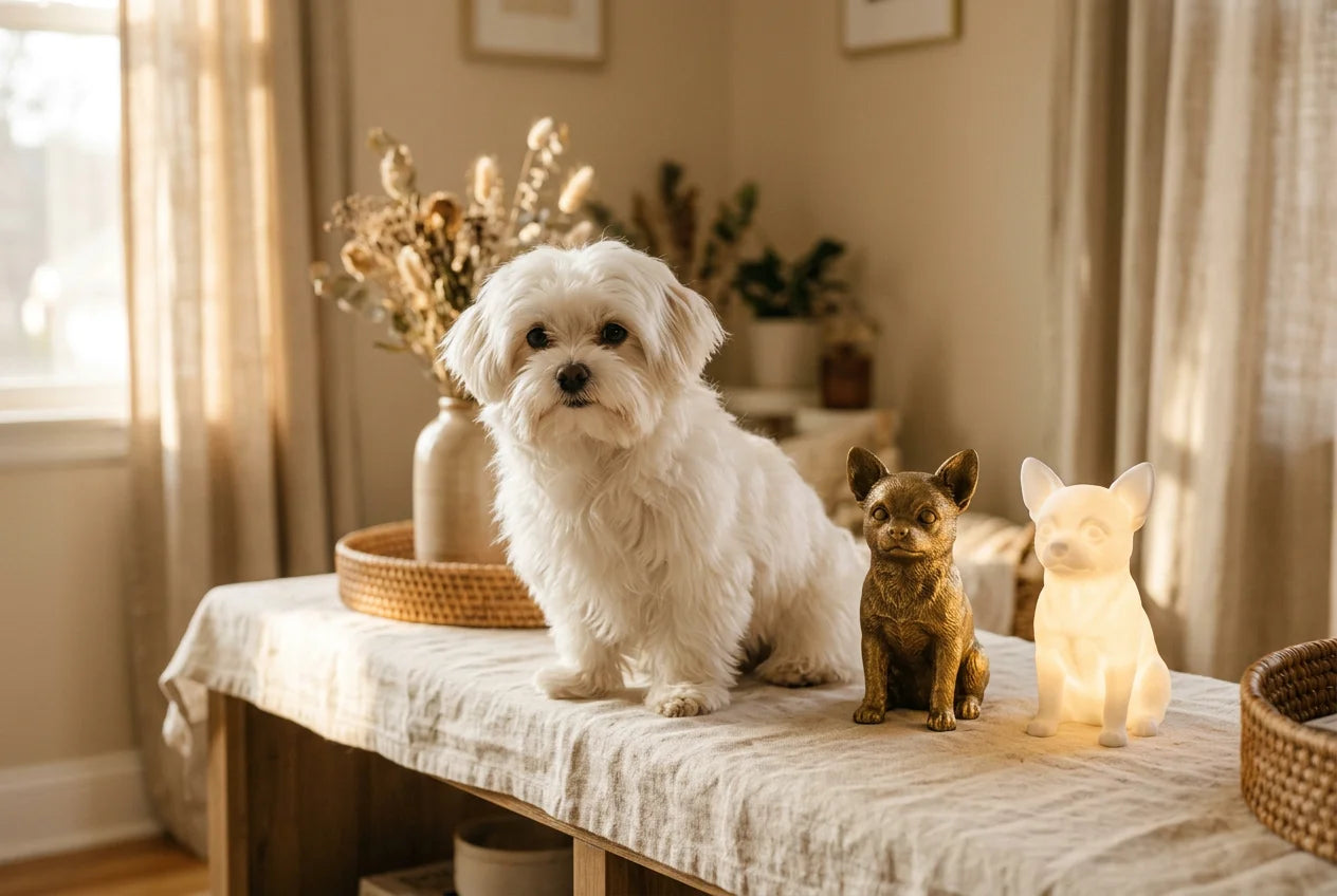 Maltchi dog in a warm editorial interior with handcrafted sculpture and luminary