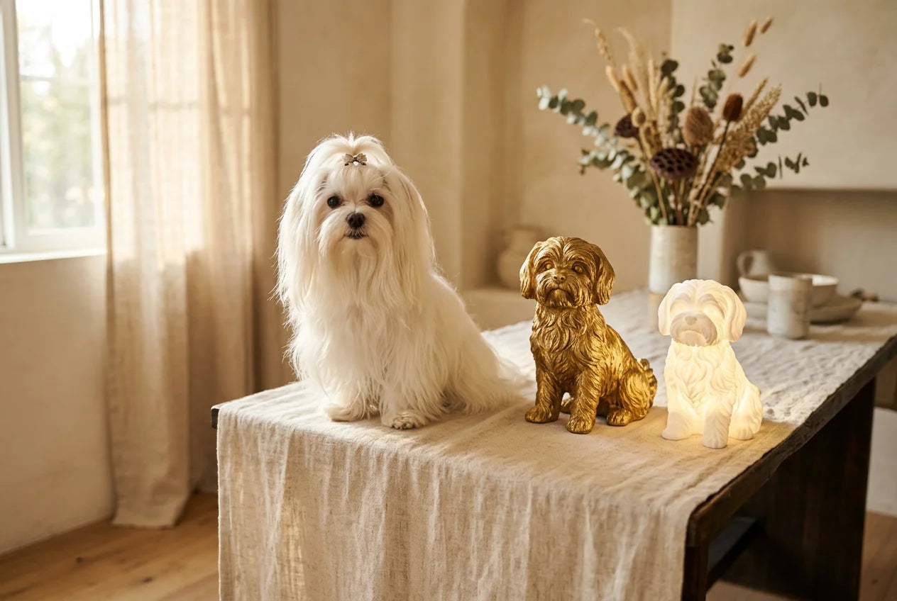 Maltese dog in a warm editorial interior with handcrafted sculpture and luminary