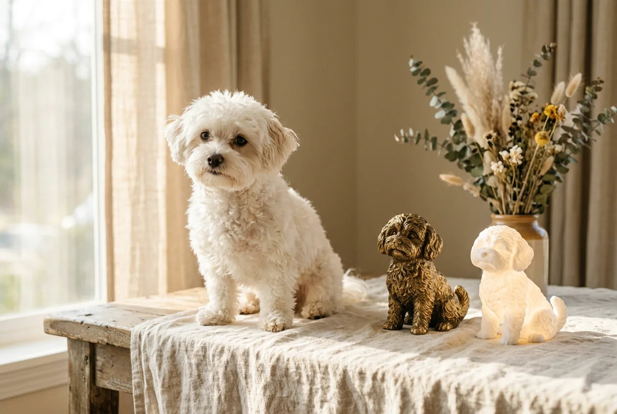 Maltichon dog in a warm editorial interior with handcrafted sculpture and luminary