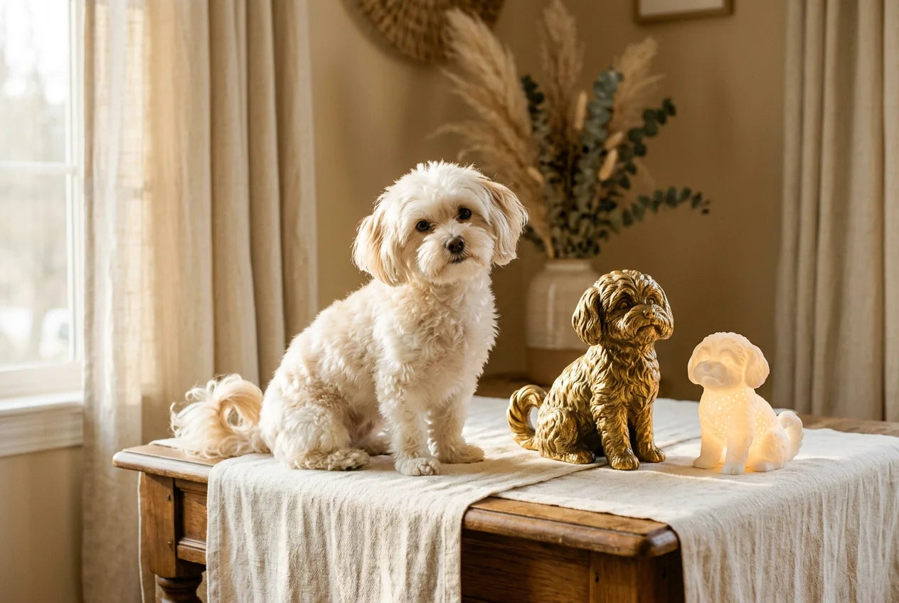 Maltipom dog in a warm editorial interior with handcrafted sculpture and luminary