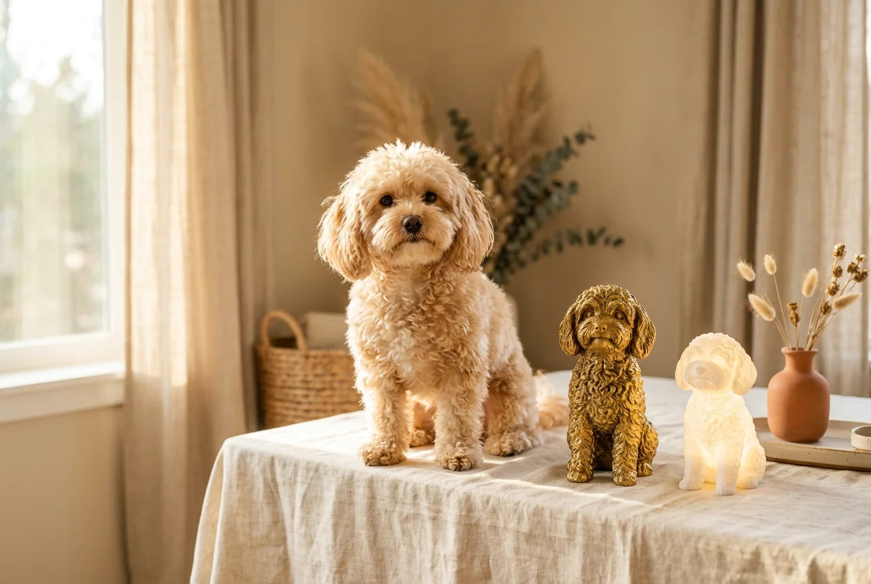 Maltipoo dog in a warm editorial interior with handcrafted sculpture and luminary