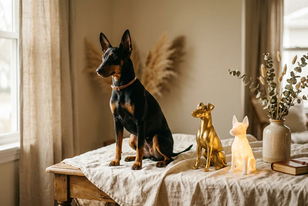 Manchester Terrier dog in a warm editorial interior with handcrafted sculpture and luminary