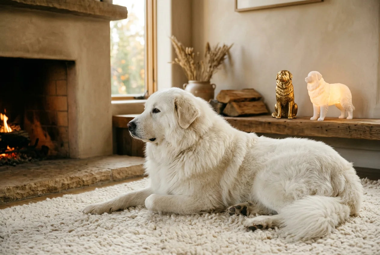 Maremma Sheepdog dog in a warm editorial interior with handcrafted sculpture and luminary