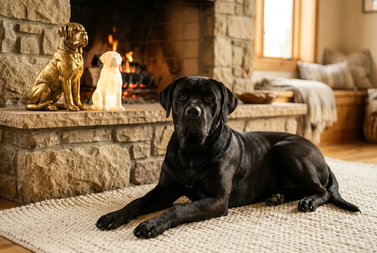 Mastador dog in a warm editorial interior with handcrafted sculpture and luminary