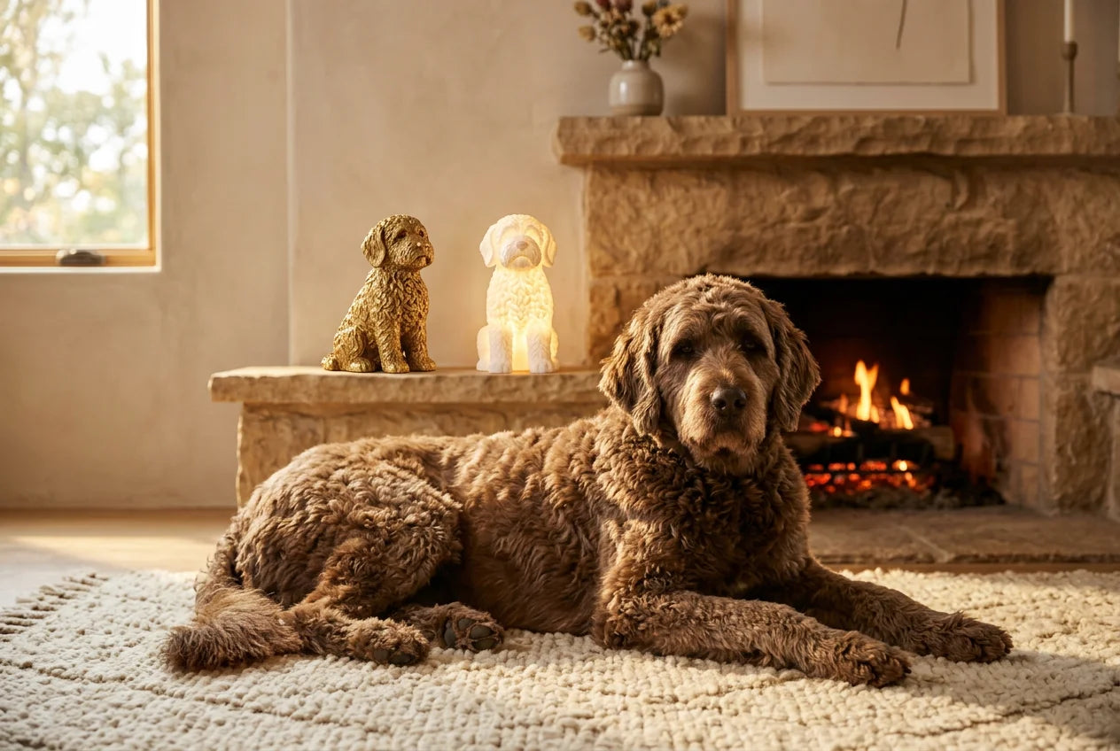 Mastidoodle dog in a warm editorial interior with handcrafted sculpture and luminary