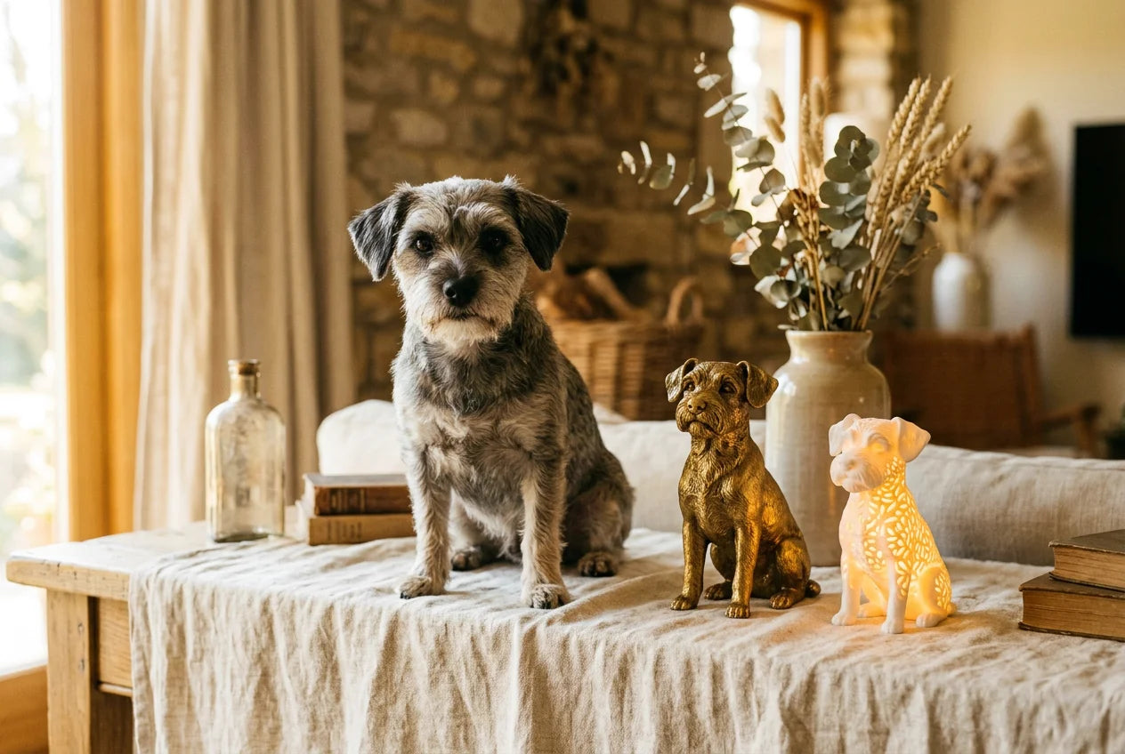 Mauzer dog in a warm editorial interior with handcrafted sculpture and luminary