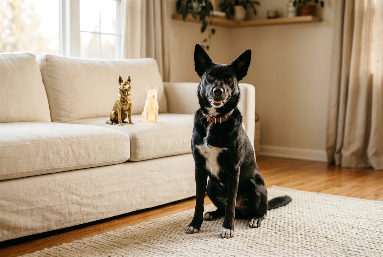 McNab Shepherd dog in a warm editorial interior with handcrafted sculpture and luminary