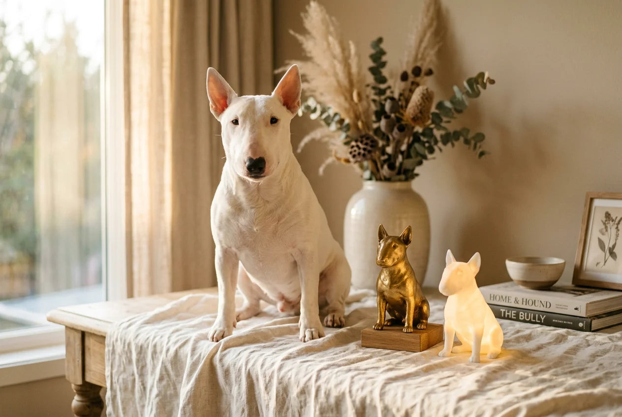 Miniature Bull Terrier dog in a warm editorial interior with handcrafted sculpture and luminary