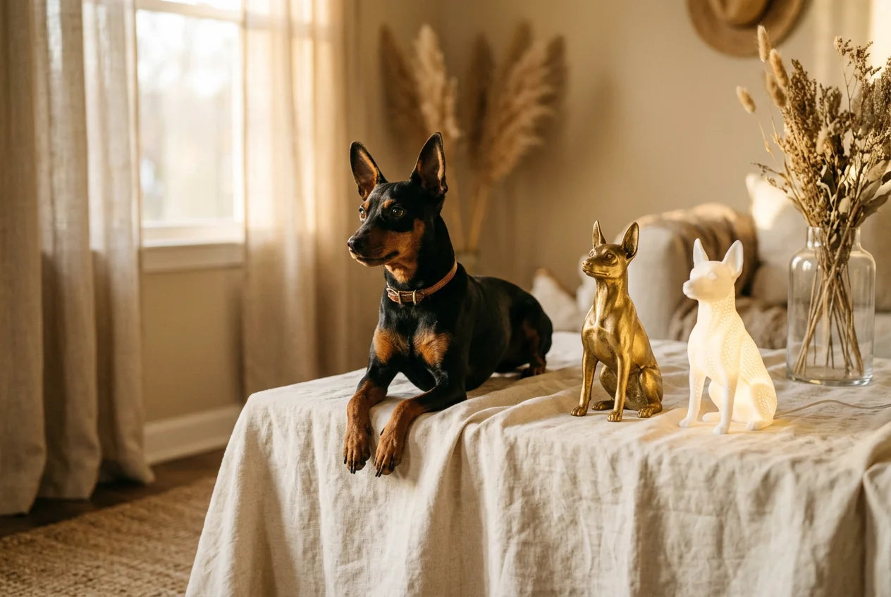 Miniature Pinscher dog in a warm editorial interior with handcrafted sculpture and luminary