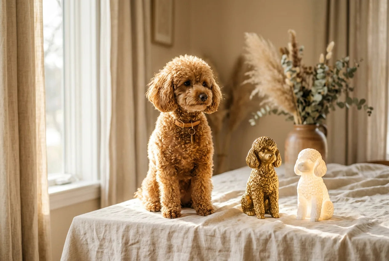Miniature Poodle dog in a warm editorial interior with handcrafted sculpture and luminary
