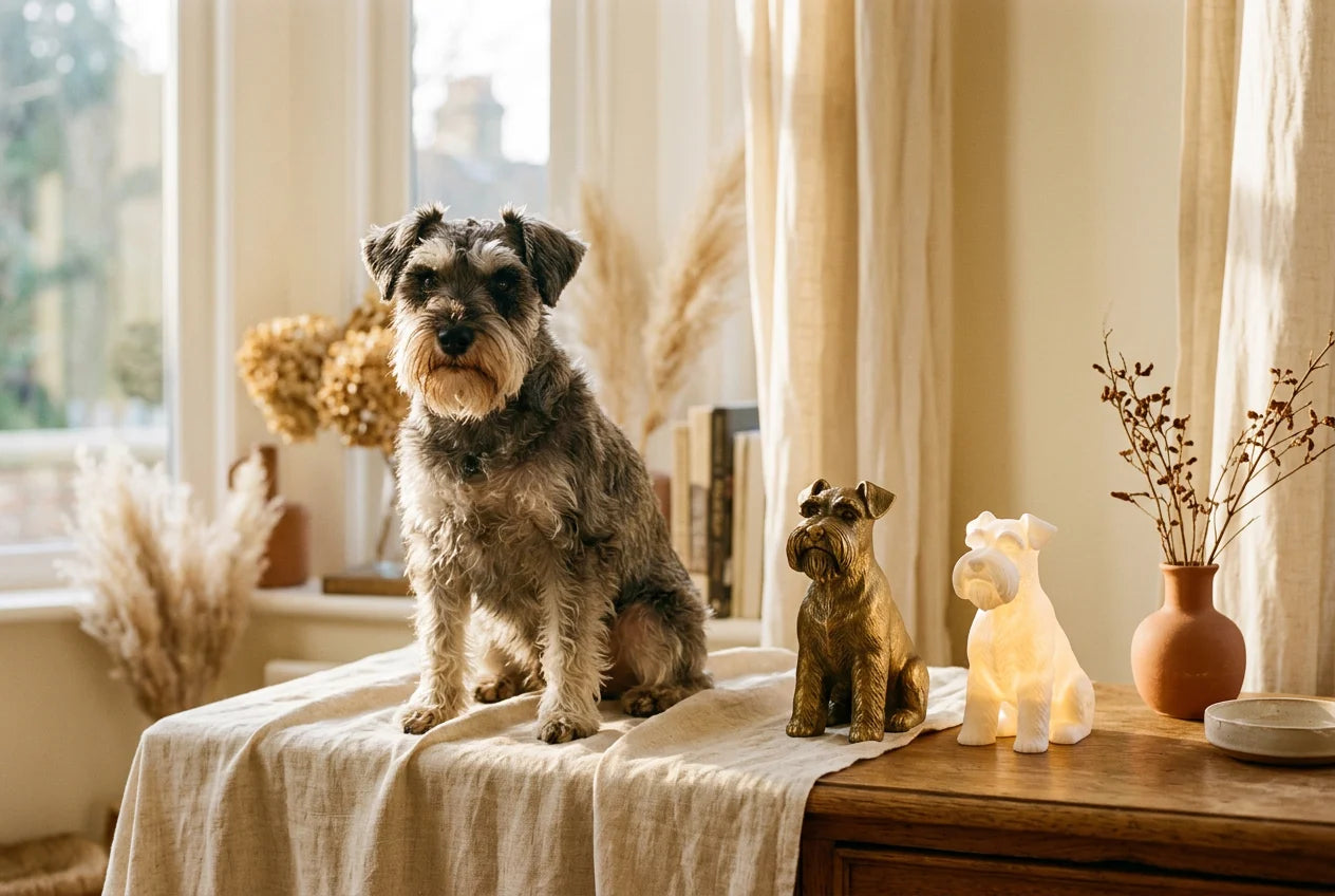 Miniature Schnauzer dog in a warm editorial interior with handcrafted sculpture and luminary