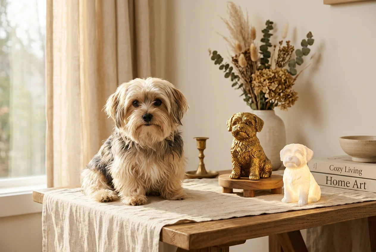 Morkie dog in a warm editorial interior with handcrafted sculpture and luminary