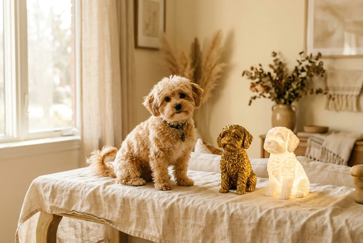 Morkiepoo dog in a warm editorial interior with handcrafted sculpture and luminary