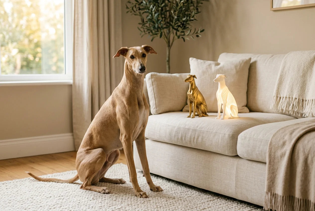 Mudhol Hound dog in a warm editorial interior with handcrafted sculpture and luminary