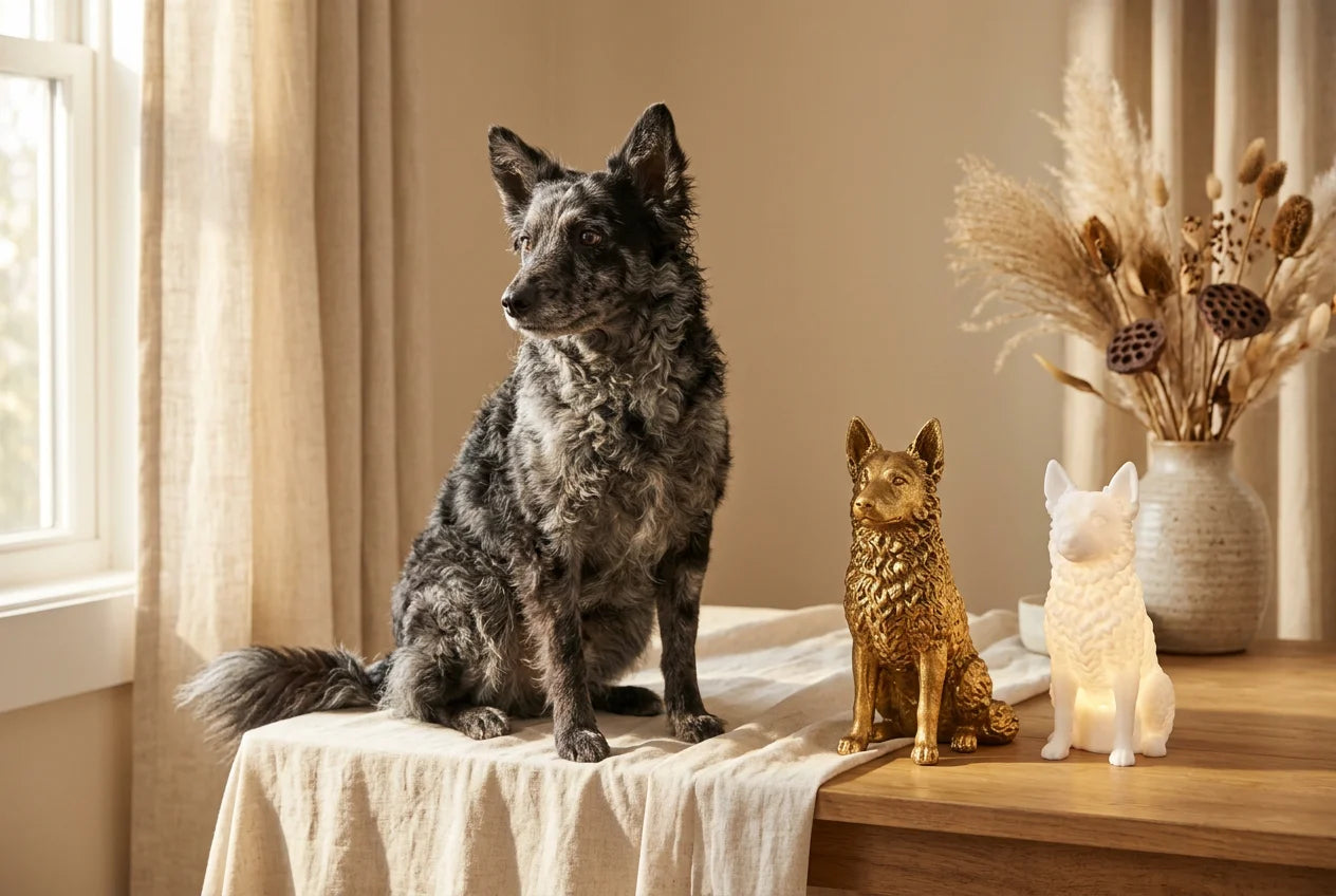 Mudi dog in a warm editorial interior with handcrafted sculpture and luminary