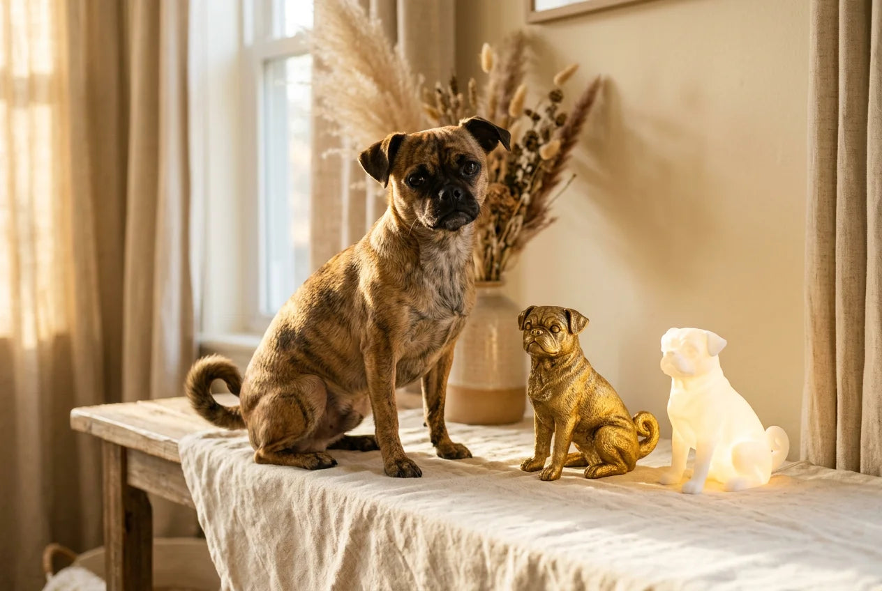 Muggin dog in a warm editorial interior with handcrafted sculpture and luminary