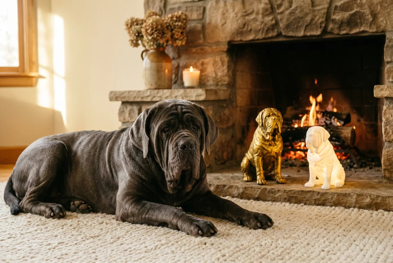 Neapolitan Mastiff dog in a warm editorial interior with handcrafted sculpture and luminary