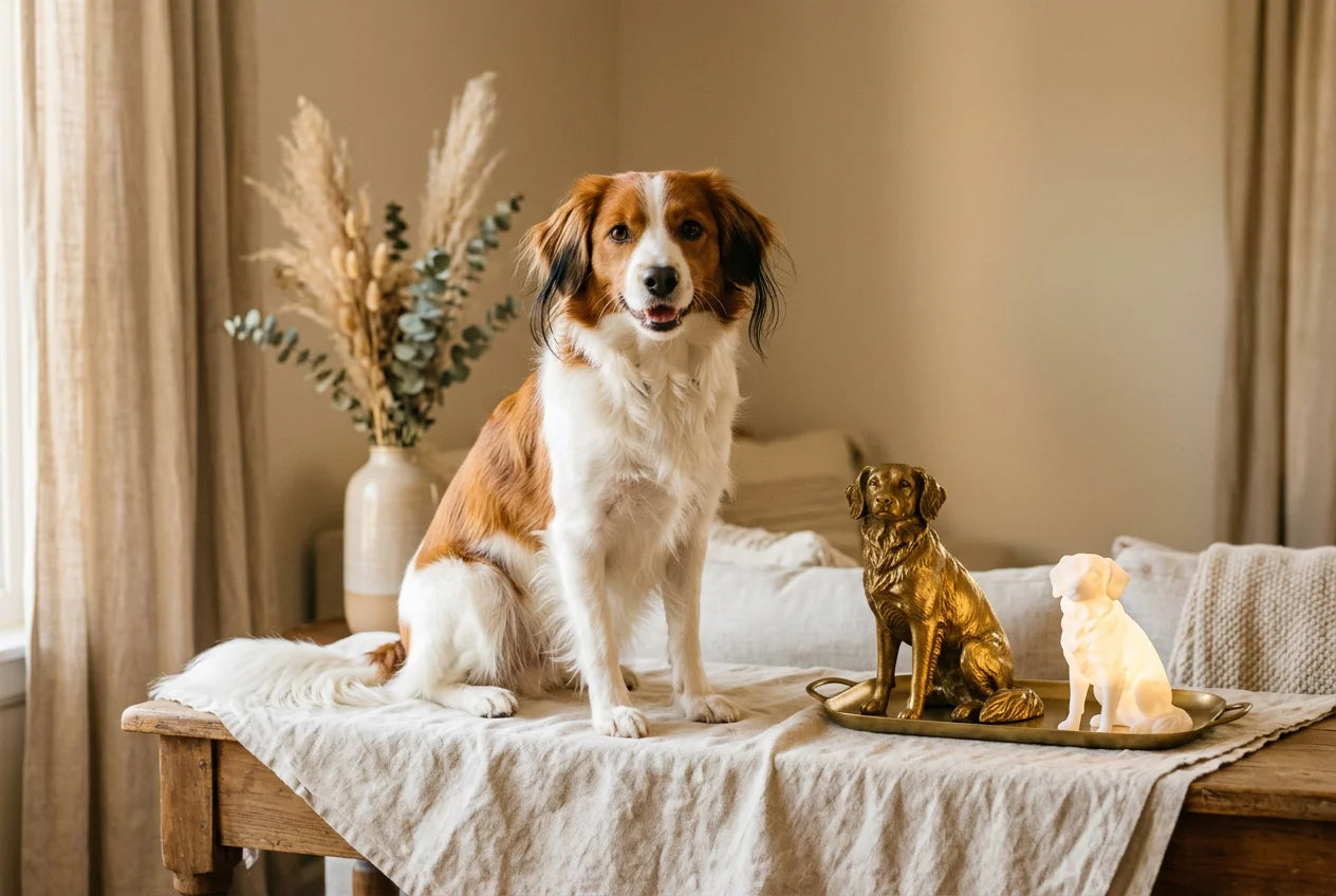 Nederlandse Kooikerhondje dog in a warm editorial interior with handcrafted sculpture and luminary
