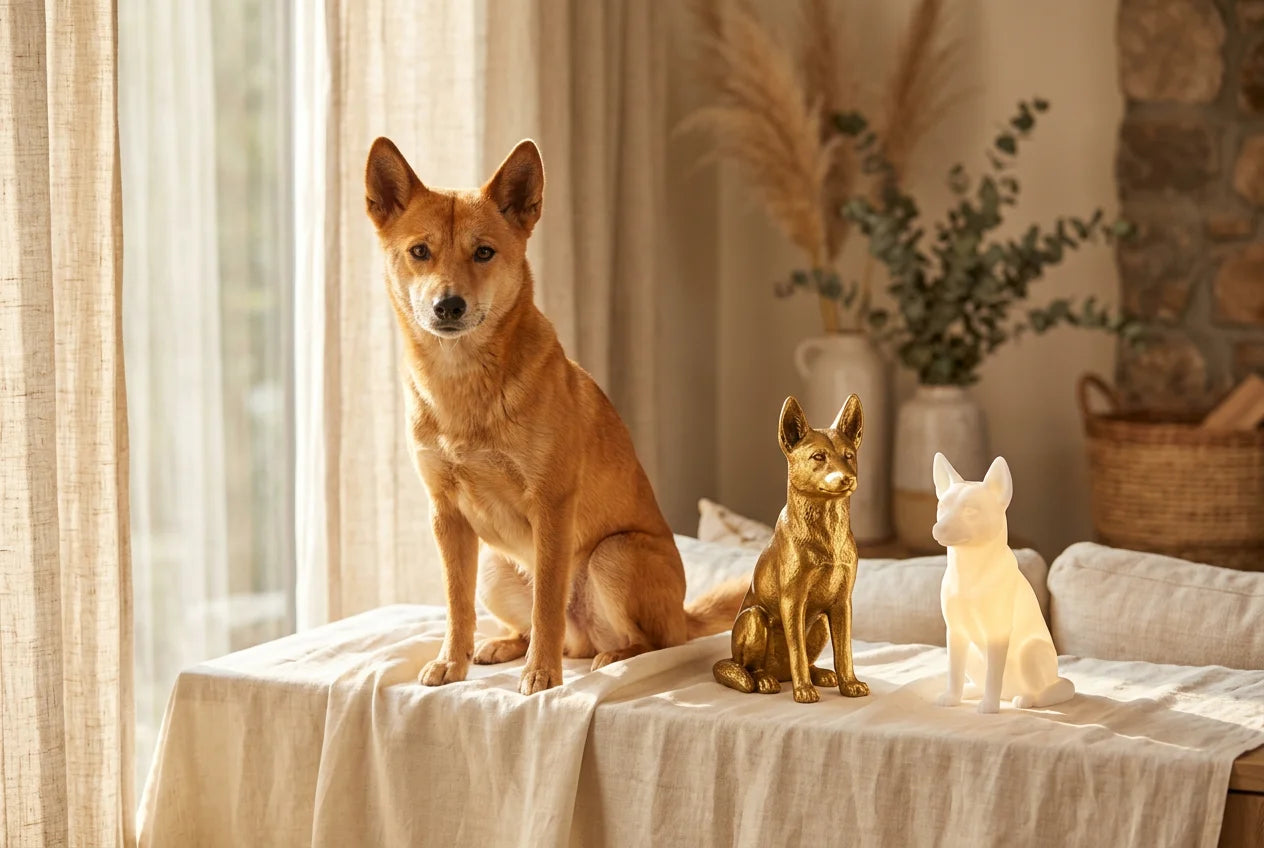 New Guinea Singing Dog dog in a warm editorial interior with handcrafted sculpture and luminary