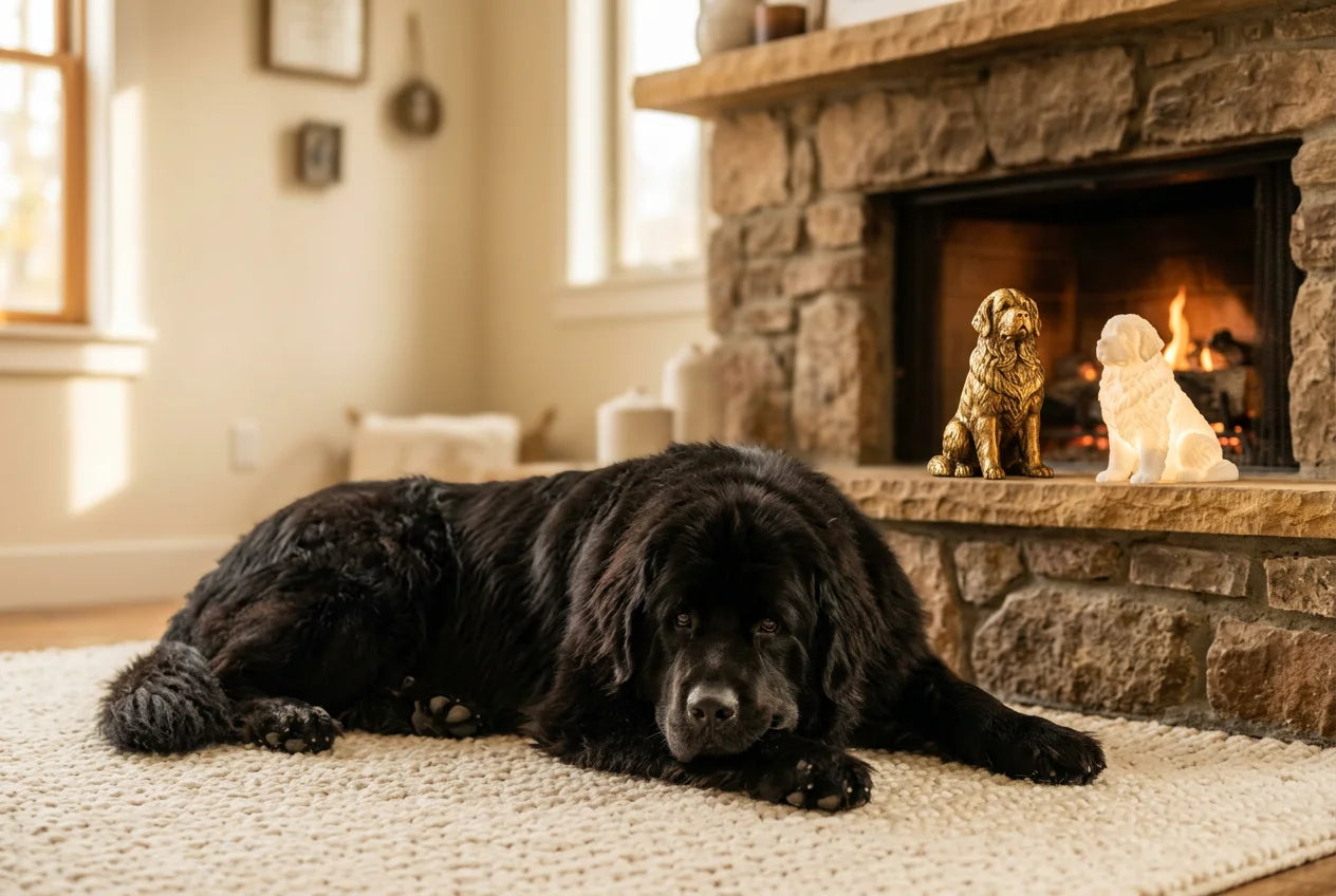 Newfoundland dog in a warm editorial interior with handcrafted sculpture and luminary