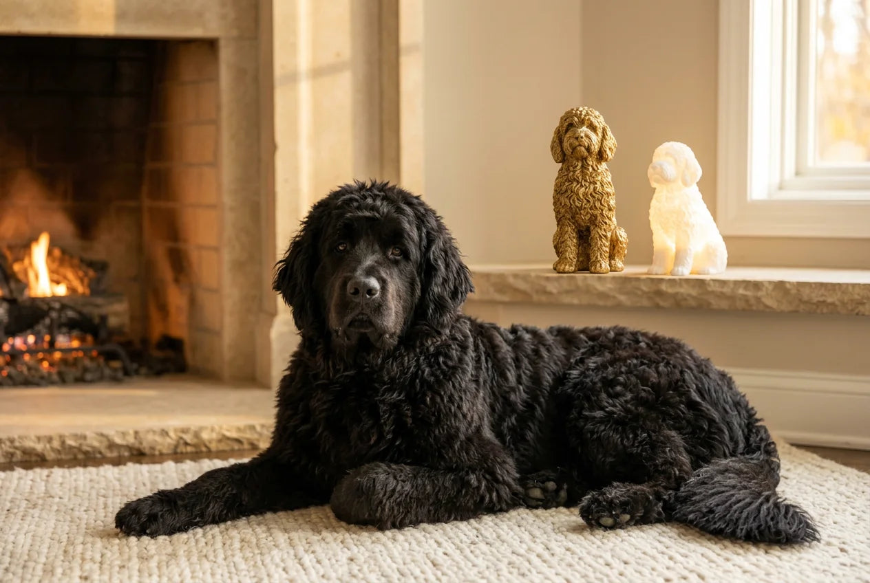 Newfypoo dog in a warm editorial interior with handcrafted sculpture and luminary