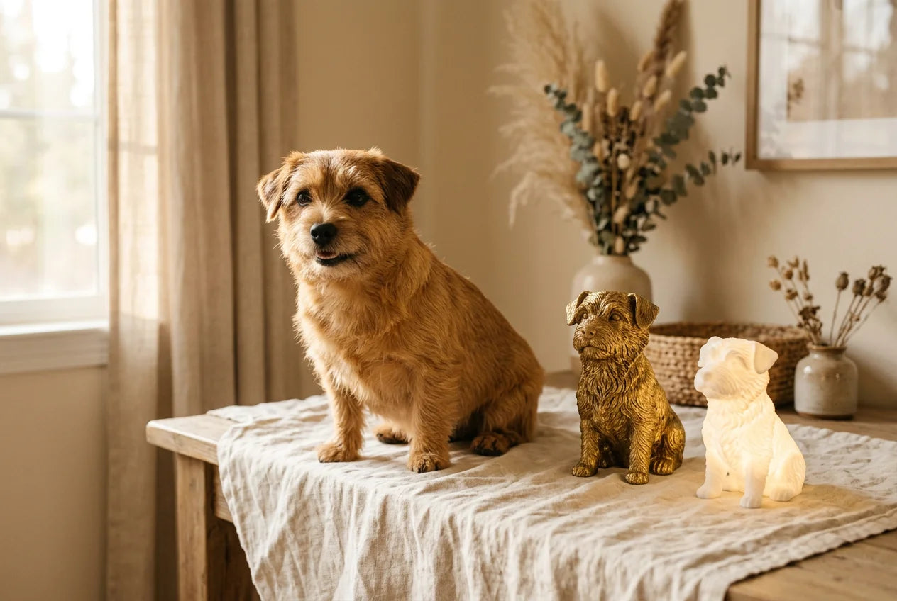 Norfolk Terrier dog in a warm editorial interior with handcrafted sculpture and luminary