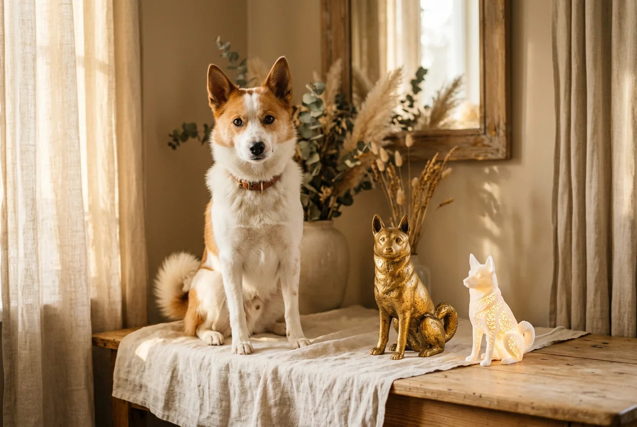 Norrbottenspets dog in a warm editorial interior with handcrafted sculpture and luminary