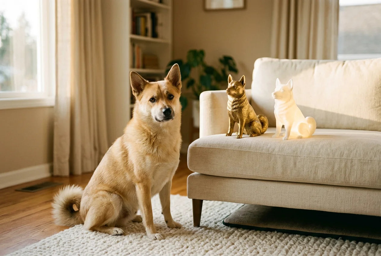 Norwegian Buhund dog in a warm editorial interior with handcrafted sculpture and luminary