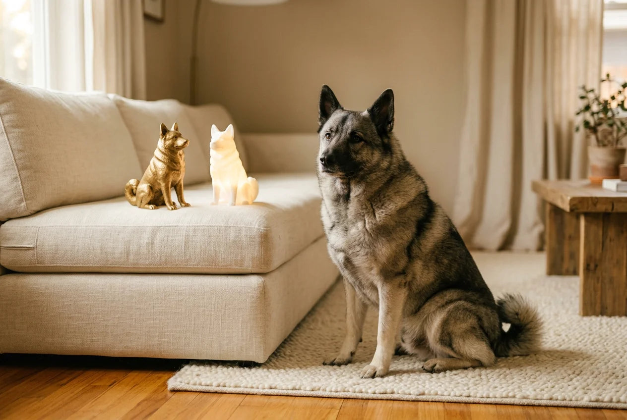 Norwegian Elkhound dog in a warm editorial interior with handcrafted sculpture and luminary