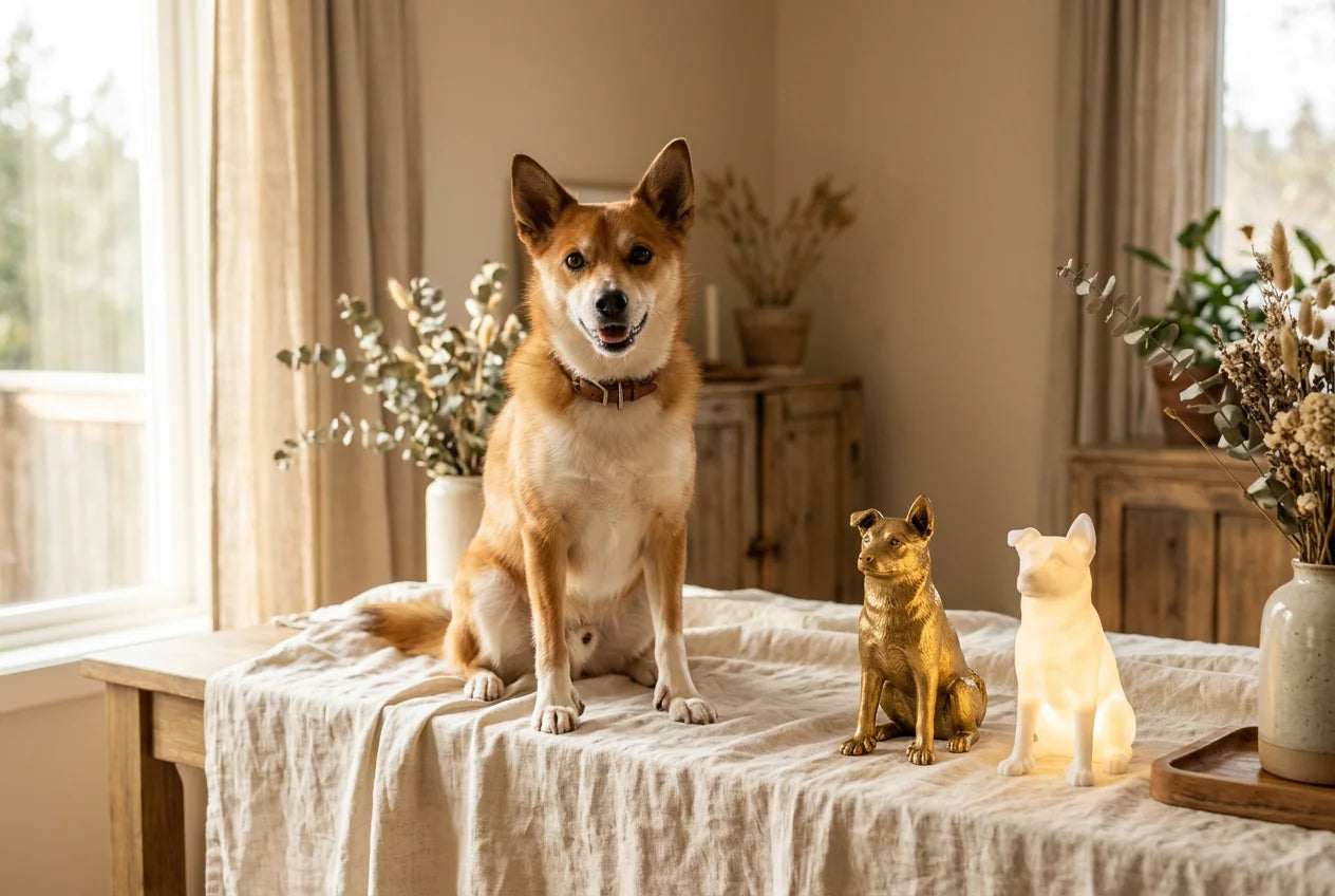 Norwegian Lundehund dog in a warm editorial interior with handcrafted sculpture and luminary