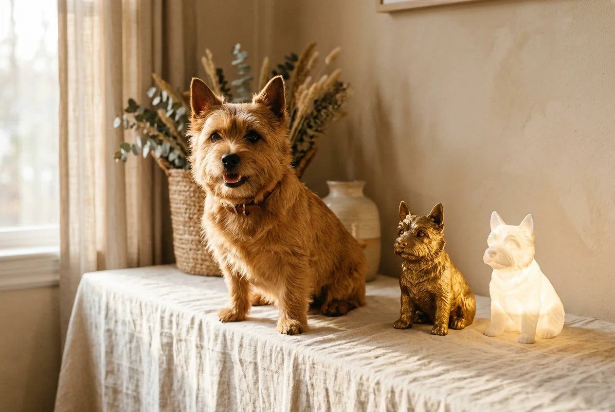 Norwich Terrier dog in a warm editorial interior with handcrafted sculpture and luminary