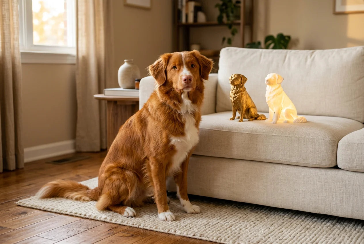 Nova Scotia Duck Tolling Retriever dog in a warm editorial interior with handcrafted sculpture and luminary