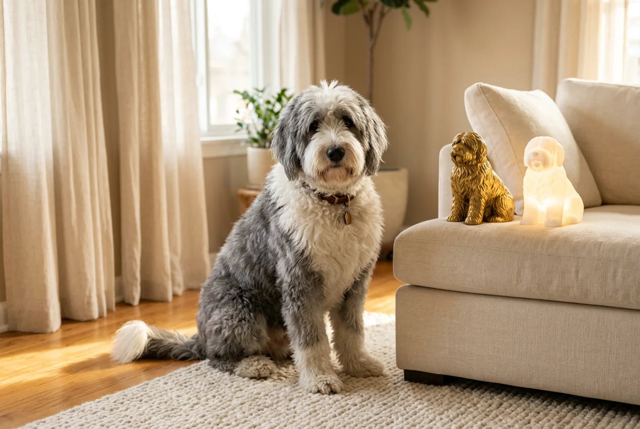 Old English Sheepdog dog in a warm editorial interior with handcrafted sculpture and luminary