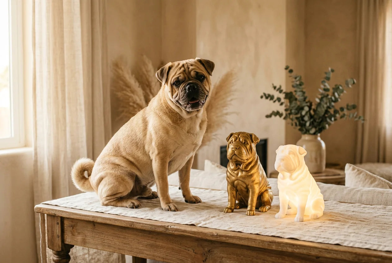 Ori Pei dog in a warm editorial interior with handcrafted sculpture and luminary