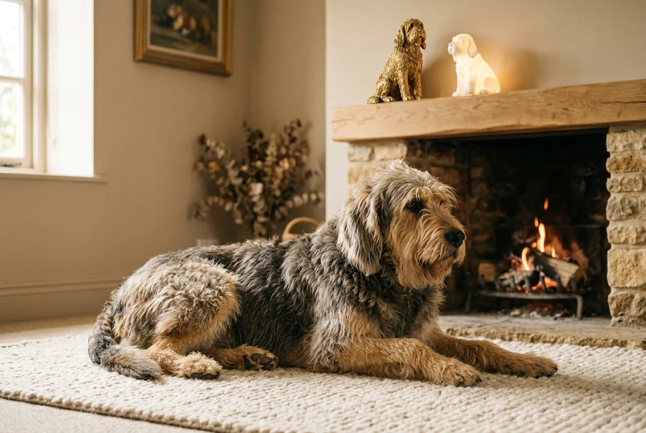 Otterhound dog in a warm editorial interior with handcrafted sculpture and luminary