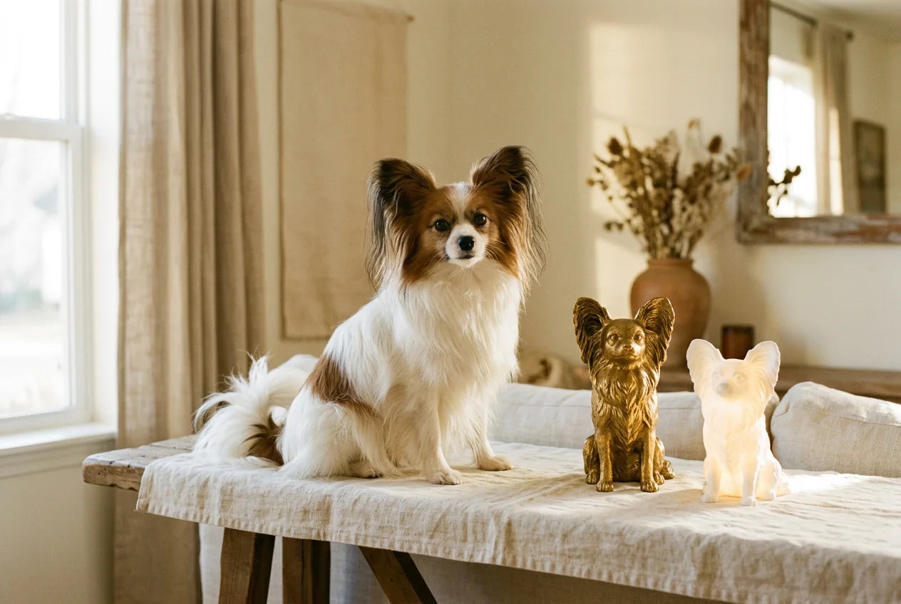 Papillon dog in a warm editorial interior with handcrafted sculpture and luminary