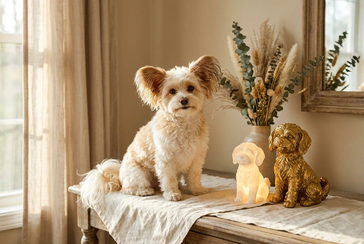 Papipoo dog in a warm editorial interior with handcrafted sculpture and luminary