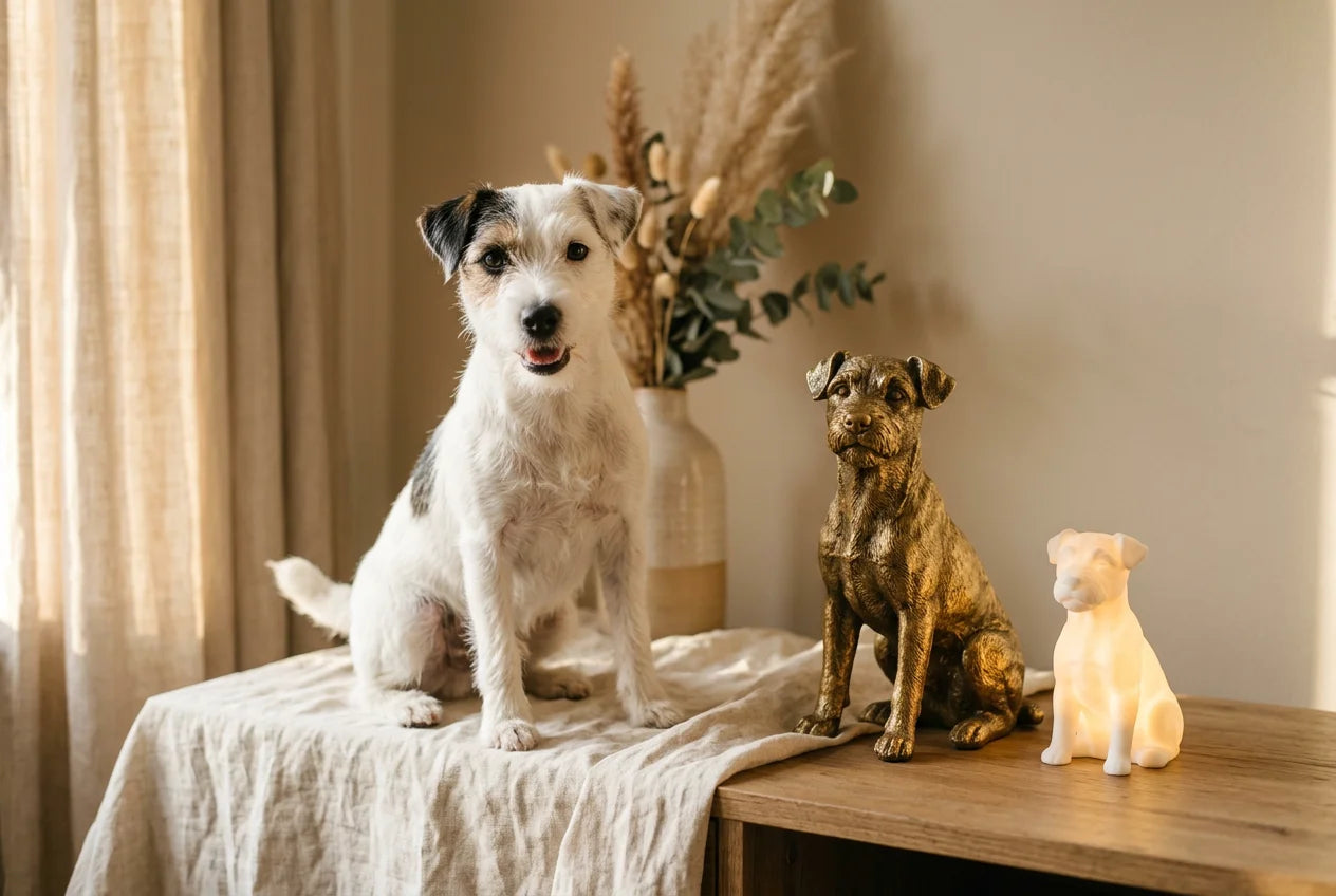 Parson Russell Terrier dog in a warm editorial interior with handcrafted sculpture and luminary
