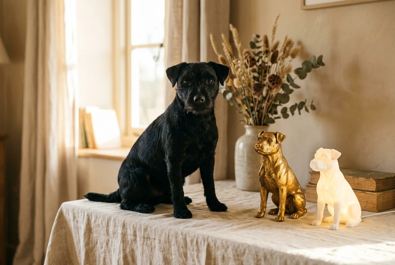 Patterdale Terrier dog in a warm editorial interior with handcrafted sculpture and luminary