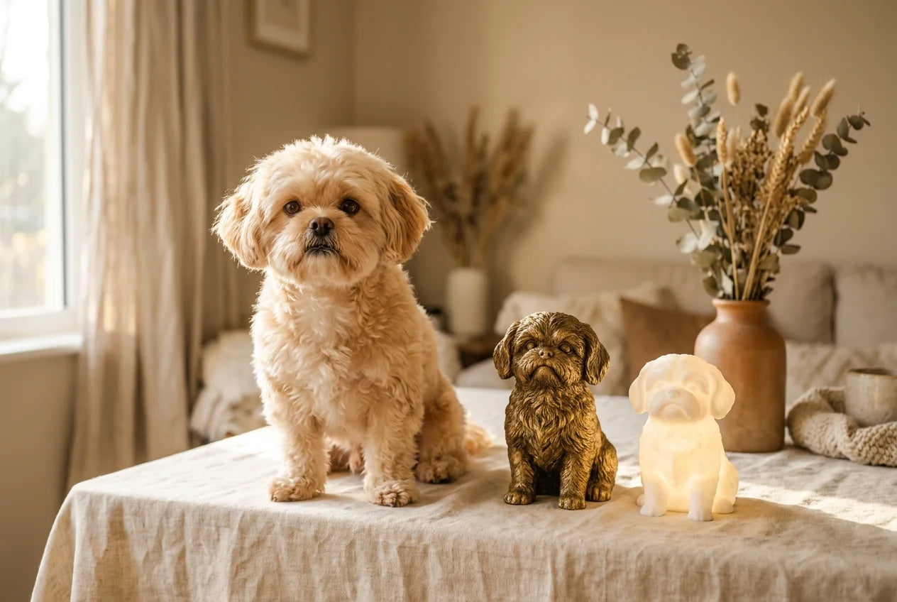 Peekapoo dog in a warm editorial interior with handcrafted sculpture and luminary