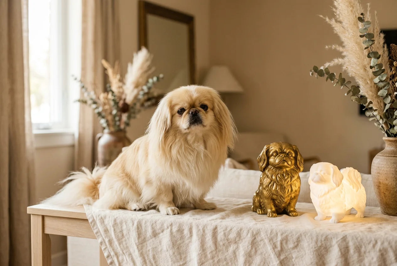 Pekingese dog in a warm editorial interior with handcrafted sculpture and luminary
