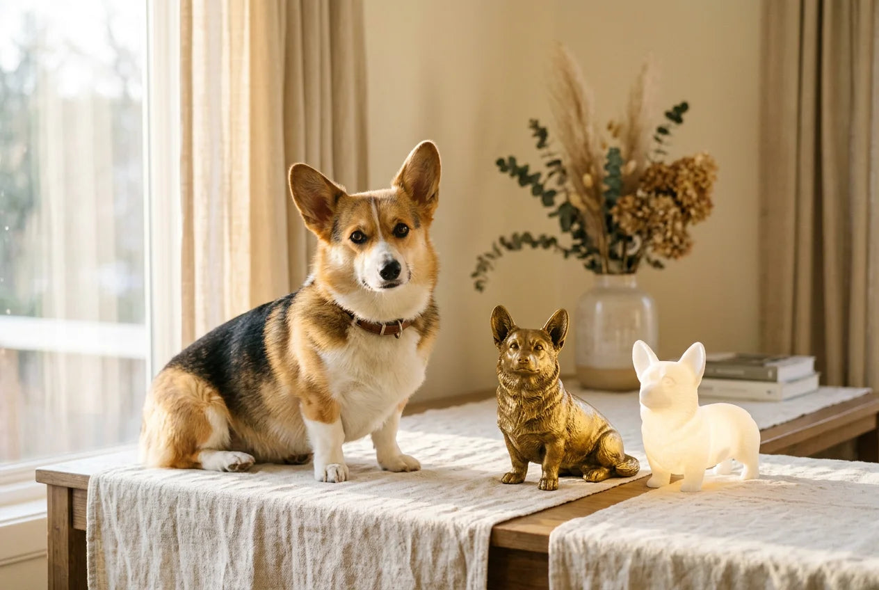 Pembroke Welsh Corgi dog in a warm editorial interior with handcrafted sculpture and luminary